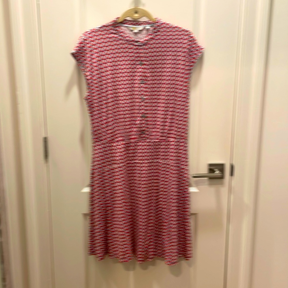 Boden Pink Red Pink Navy Sky Blue Print Short Sleeve Dress Womans Size 10R